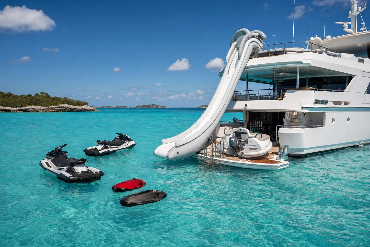 An inflatable slide running down the topside of a yacht at anchor